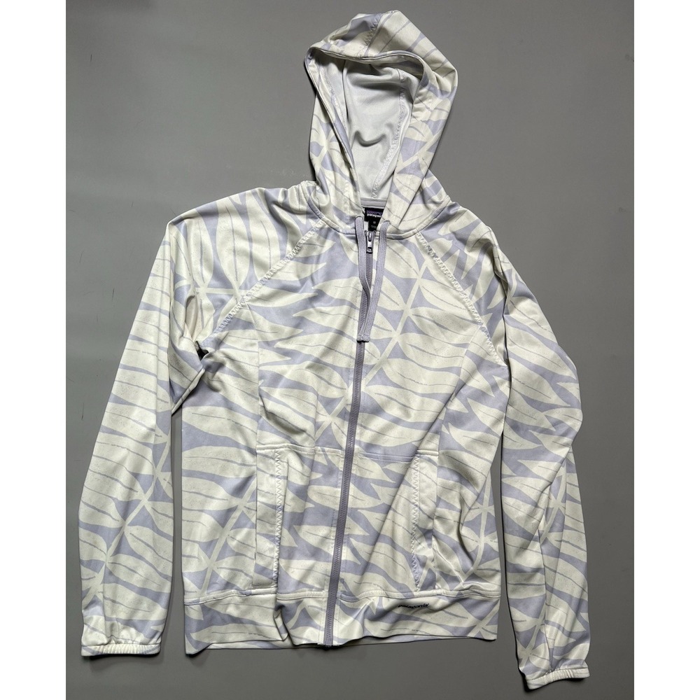 Patagonia Women's Full Zip Hooded Fleece Hoodie Jacket M White Purple Abstract